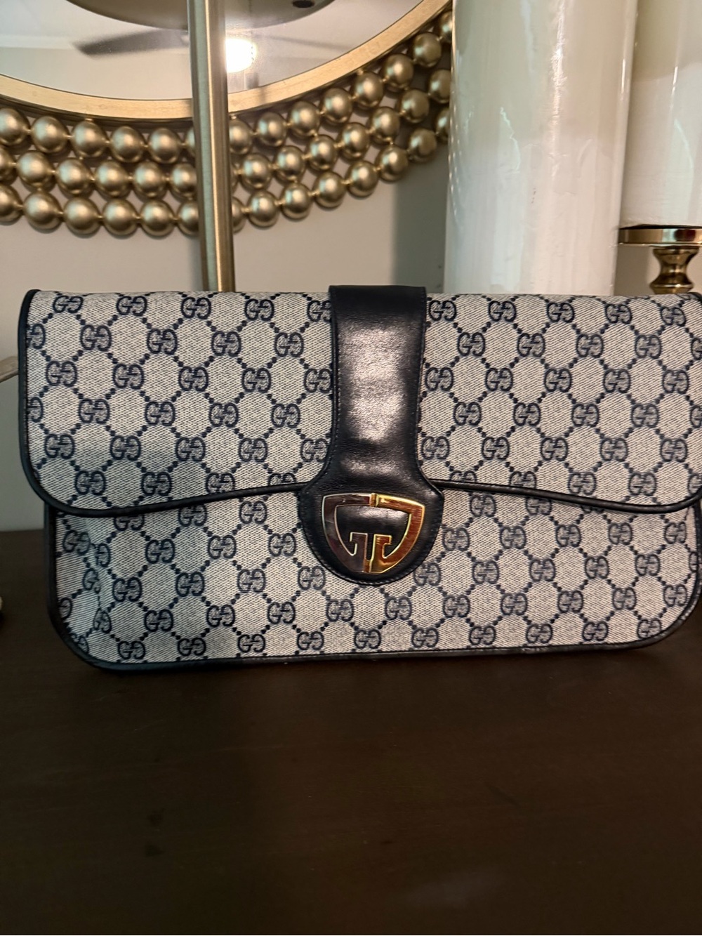 Gucci Beige and Navy Monogram Canvas Shoulder Bag with Gold-Tone Emblem